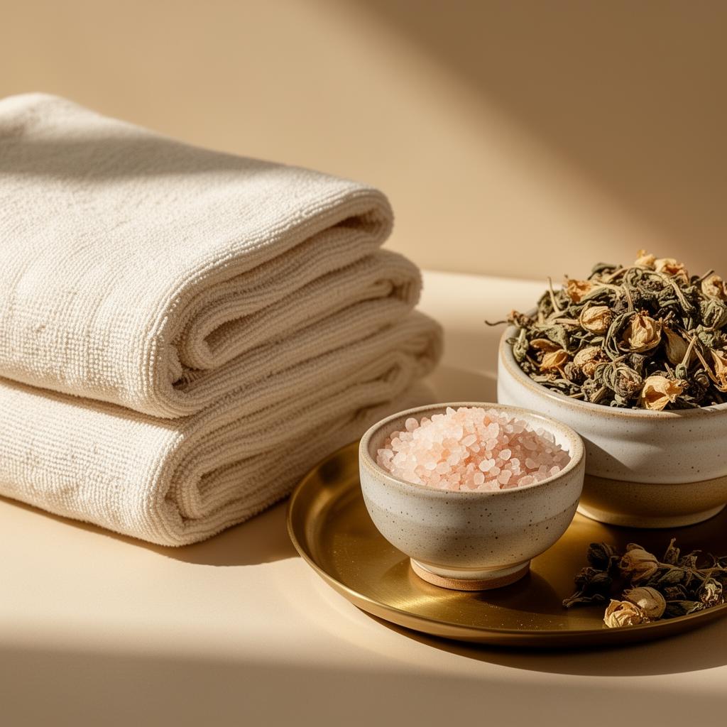 Dettaglio di rituale spa con tessuti, ceramiche e botaniche